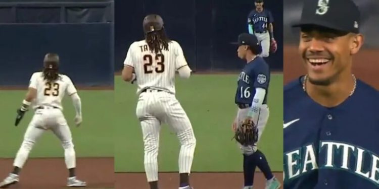 Fernando Tatis Jr demuestra respeto al brazo de Julio Rodríguez