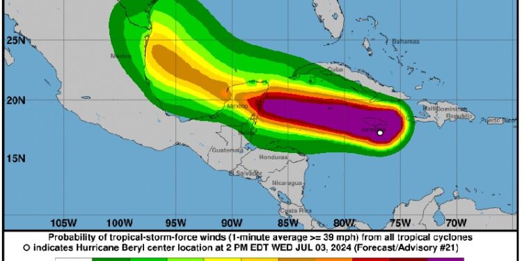Huracán Beryl sigue poderoso; está próximo al sur de Jamaica