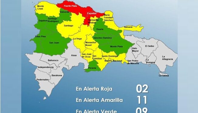 2 provincias en alerta roja, 11 en amarilla y 9 en verde en RD