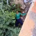 Mujer de lanza por segunda ocasión del puente en río Yaque en Montecristi