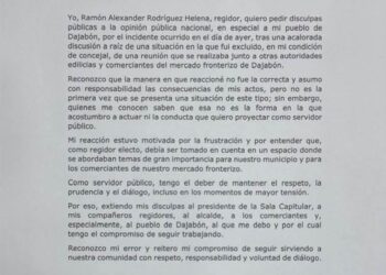 Regidor pide perdón al pueblo de Dajabón por participar de incidente de mal gusto